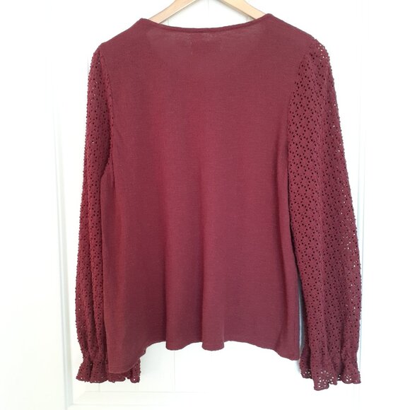 Madewell Texture & Thread Eyelet Mix Ruffle-Sleeve Top in Wine Red Size L - Picture 2 of 12